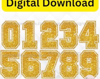 Può includere: Numeri da 0 a 9 in glitter dorati in un font in stile universitario. I numeri sono contornati di bianco e hanno una finitura dorata scintillante.
