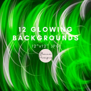 May include: 12 digital backgrounds featuring glowing green and white abstract lines. The backgrounds are 12 inches by 12 inches and are in JPG format. The text "12 GLOWING BACKGROUNDS 12" x 12" JPG Elaine Designs" is visible in the image.