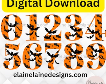 May include: Set of ten orange numbers with a black bat pattern. The numbers are 0 through 9. The numbers are for digital download. The text "elainelainedesigns.com" is at the bottom of the image.