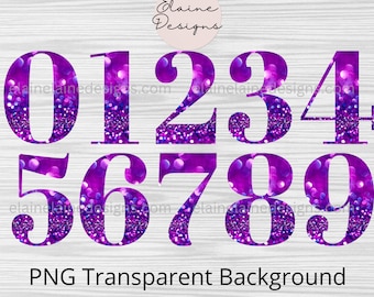 Números de brillo púrpura Números de purpurina púrpura Números de mesa de boda Números de fiesta de cumpleaños Número brillante Estrellado 0-9 Clipart SVG PNG Set 425