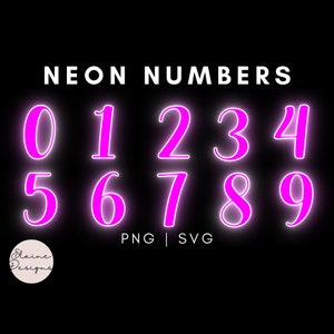 Puede incluir: Números del 0 al 9 en rosa neón en una fuente manuscrita en negrita. Los números están delineados en blanco y tienen un efecto de brillo. El texto "NEON NUMBERS" está en la parte superior de la imagen, y el texto "PNG | SVG" está en la parte inferior.