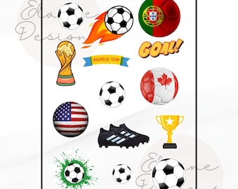 Kiss Cut Soccer Sticker Pack – 14 Vinyl World Cup Stickers | Soccer Ball, Flags, Trophy, Cleats | Planner, Laptop, Soccer, football, EED-sp4
