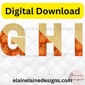 Basketball Letters | Basketball Gold Glitter Letters G H I | Printable Sports Alphabet Decor | PNG | Basketball | Letters Clipart | set 16