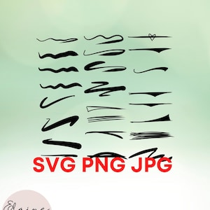 Puede incluir: Un conjunto de 18 líneas de separación negras dibujadas a mano, que incluyen líneas onduladas, rectas y anguladas. El texto "SVG PNG JPG" está en la parte inferior de la imagen.