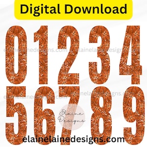 May include: Digital download featuring numbers 0 through 9, each designed with a basketball texture. The numbers are in a bold font, with a distressed, textured effect. The image includes the text "Digital Download" and the designer's website.