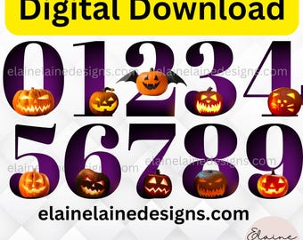May include: Digital download graphic featuring the numbers 0 through 9, each with a carved pumpkin design. The numbers are in a dark purple font, with a yellow banner at the top that reads "Digital Download". The website elainedesigns.com is also displayed.