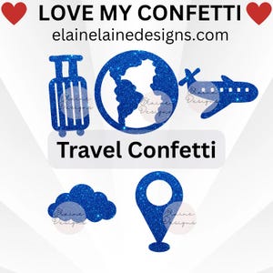 May include: Blue glitter travel-themed confetti with a suitcase, globe, airplane, cloud, and location pin. The text "LOVE MY CONFETTI" and "Travel Confetti" are also included. The website elainedesigns.com is also displayed.