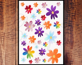Op de afbeelding: Een digitale illustratie met een witte achtergrond en een patroon van kleurrijke bloemen. De bloemen zijn in verschillende tinten rood, oranje, geel, groen, blauw, paars en roze. De bloemen hebben een aquareleffect en sommige hebben gouden accenten.