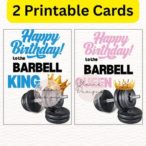Barbell King & Queen Birthday Cards | Gym Printable | CrossFit Digital Download | 5x7 Fitness Birthday Card pdf png, EED-DC-2