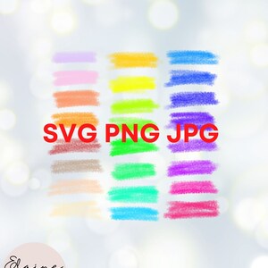 May include: A set of 18 colorful digital crayon brush strokes in various shades of pink, orange, yellow, green, blue, and purple. The text "SVG PNG JPG" is in red letters at the bottom of the image.