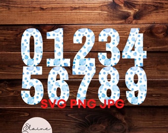 Polka Dot Numbers Blue Dot Numbers Wedding Table Numbers Party Numbers Patterned number 0-9 Clipart SVG PNG JPG Set 34
