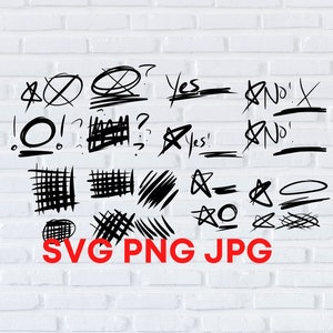 May include: Black and white hand-drawn illustrations of various shapes, lines, and symbols, including circles, crosses, stars, and the words "Yes" and "No". The text "SVG PNG JPG" is written in red at the bottom of the image.