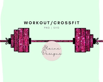 Può includere: Un bilanciere rosa glitter con il testo "WORKOUT/CROSSFIT" e "PNG | SVG" sopra. Il testo "Elaine Designs" è in un cerchio sotto il bilanciere.
