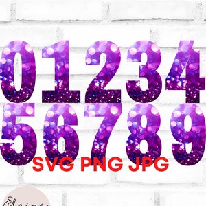 Purple Sparkle Numbers Purple Glitter Number Wedding Table Numbers Girl Birthday Party Numbers Sparkly number 0-9 Clipart SVG PNG JPG Set 11