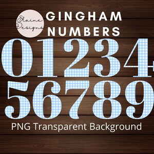 May include: Gingham numbers 0 through 9 in a light blue and white pattern. PNG transparent background.