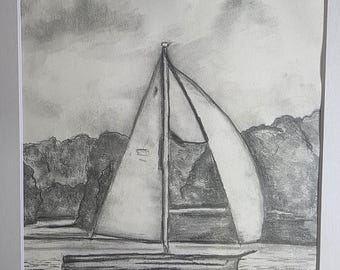 Schets stille wateren | Originele zeilboot-potloodtekening