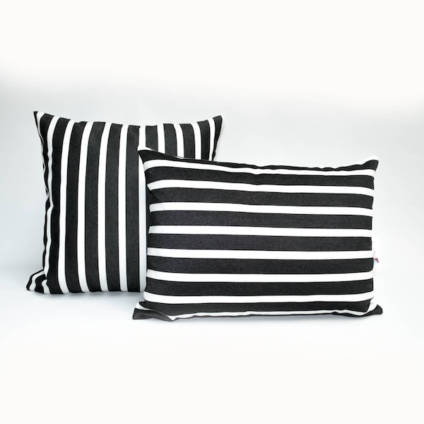 OUTDOOR Pillow cover, decorative cushions in Sunbrella Shore Classic Black and White Stripes, Sunbrella exterior fabric, UV resistant
