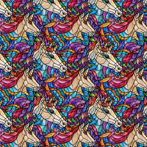 May include: A repeating pattern featuring stylized unicorn heads with colorful manes and horns. The design resembles stained glass, with vibrant hues of blue, purple, red, and yellow. The unicorns have a cream-colored coat.