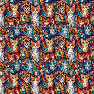May include: A colourful repeating pattern of stylized cats in a stained-glass effect. The cats are in shades of orange, blue, and yellow, set against a rainbow background. The design is detailed and intricate.