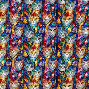 Peut inclure: Motif répété de visages de chats dans un style vitrail. Les chats ont différentes couleurs, notamment orange, bleu et jaune, avec un motif en mosaïque. Le fond est un mélange de couleurs vives, créant un design coloré et artistique.