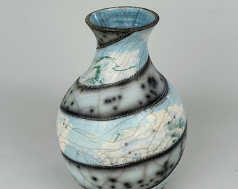 Hand Thrown Raku #Spacepots Pale Blue, Jade & White  Bottle Vase (Sealed)