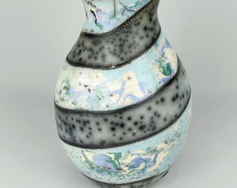 Hand Thrown Raku #Spacepots Pale Blue, Jade & white Bottle Vase (Sealed)