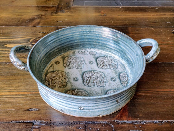 Hand Thrown Elephant Stoneware Baking Dish – Blue-Grey Oval Serving Dish