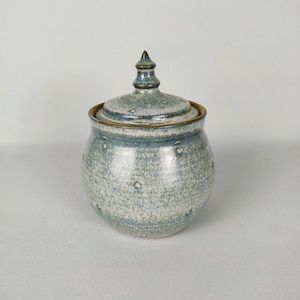 May include: A blue and white ceramic jar with a lid. The jar has a speckled glaze and a rounded shape. The lid has a small knob on top.
