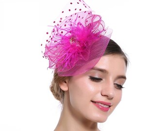 Fuchsia Hot Pink Polka Dot Veil Fascinator With Feather & Broach Detail - Occasion Wedding Races