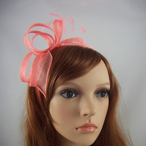 Coral Sinamay Loop & Leaf Fascinator with Feathers - Occasion Wedding Races