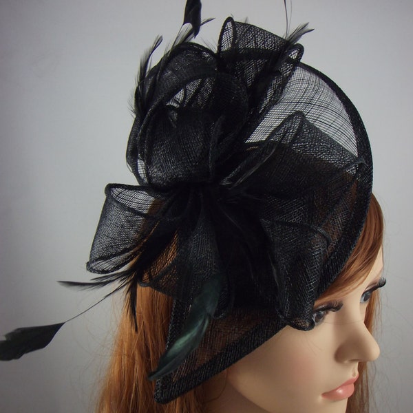 Black Teardrop Sinamay Fascinator with Feathers - Wedding Races Special Occasion Hat Funeral