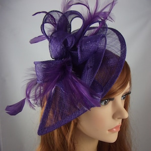 Purple Teardrop Sinamay Fascinator with Feathers - Wedding Races Special Occasion Hat