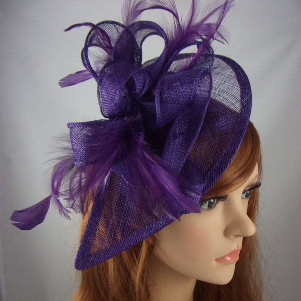 Purple Teardrop Sinamay Fascinator with Feathers - Wedding Races Special Occasion Hat
