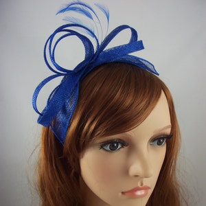 Royal Cobalt Blue Sinamay Loop & Leaf Fascinator with Feathers - Occasion Wedding Races