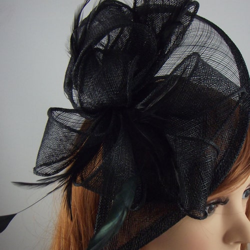 Black Teardrop Sinamay Fascinator With Feathers Wedding Etsy UK
