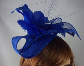 Royal Blue Leaf Sinamay Fascinator with Feather Flower - Hat Wedding Races