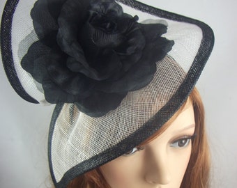 Black and White Sinamay Twist & Corsage Flower Fascinator - Occasion Wedding Races