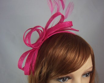 Fuchsia Hot Pink Sinamay Loop & Leaf Fascinator with Feathers - Occasion Wedding Races