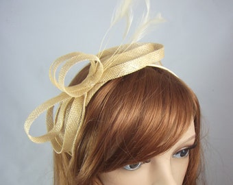 Gold Sinamay Loop & Leaf Fascinator with Feathers - Occasion Wedding Races