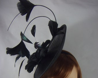 Black Statement Curve Saucer Fascinator with Feather Flowers - Wedding Races Special Occasion