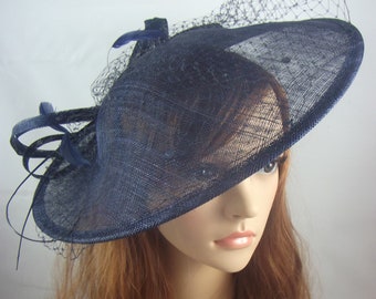 Navy Dark Blue Large Sinamay Saucer Fascinator and Net Detail - Wedding Races