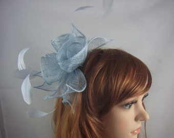 Pale Blue Rose Comb Fascinator with Feathers - Occasion Wedding Races