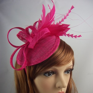 Fuchsia Hot Pink Sinamay Fascinator with Feathers - Special Occasion Wedding Races