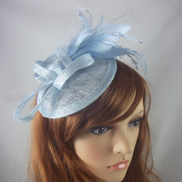 Pale Blue Sinamay Fascinator with Feathers - Special Occasion Wedding Races