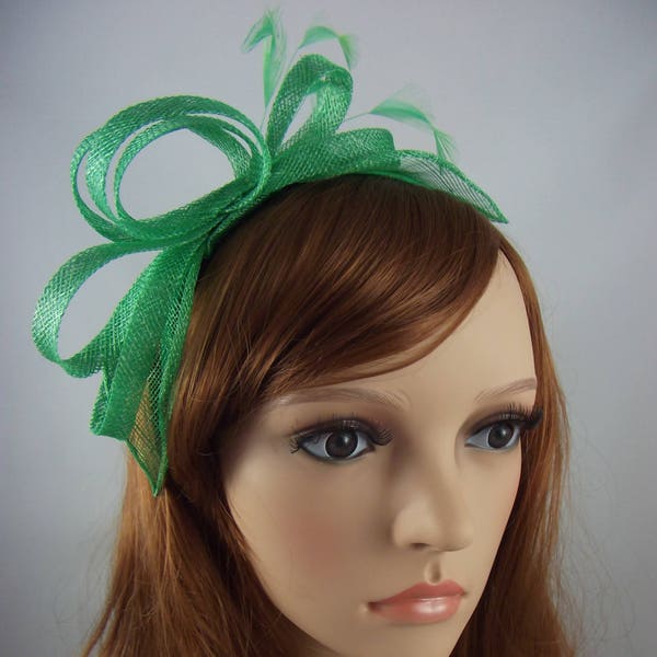Mint Green Sinamay Loop & Leaf Fascinator with Feathers - Occasion Wedding Races