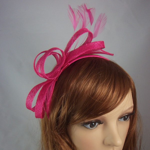 Fuchsia Hot Pink Sinamay Loop & Leaf Fascinator with Feathers - Occasion Wedding Races