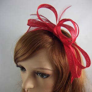 Red Sinamay Loop & Leaf Fascinator with Feathers - Occasion Wedding Races