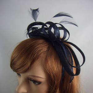 Navy Blue Sinamay Loop & Leaf Fascinator with Feathers - Occasion Wedding Races