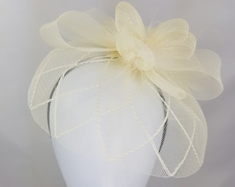 Ivory Cream Diamond Pattern Veil Fascinator With Crin Ruffle Flower - Occasion Wedding Races