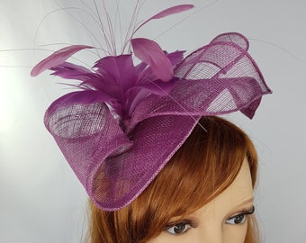 Plum Purple Leaf Sinamay Fascinator with Feather Flower - Hat Wedding Races